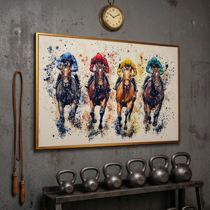 Colorful Jockeys Canvas Print, Horse Racing Art in antique gold floating frame