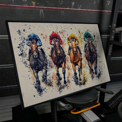 Colorful Jockeys Canvas Print, Horse Racing Art in black floating frame