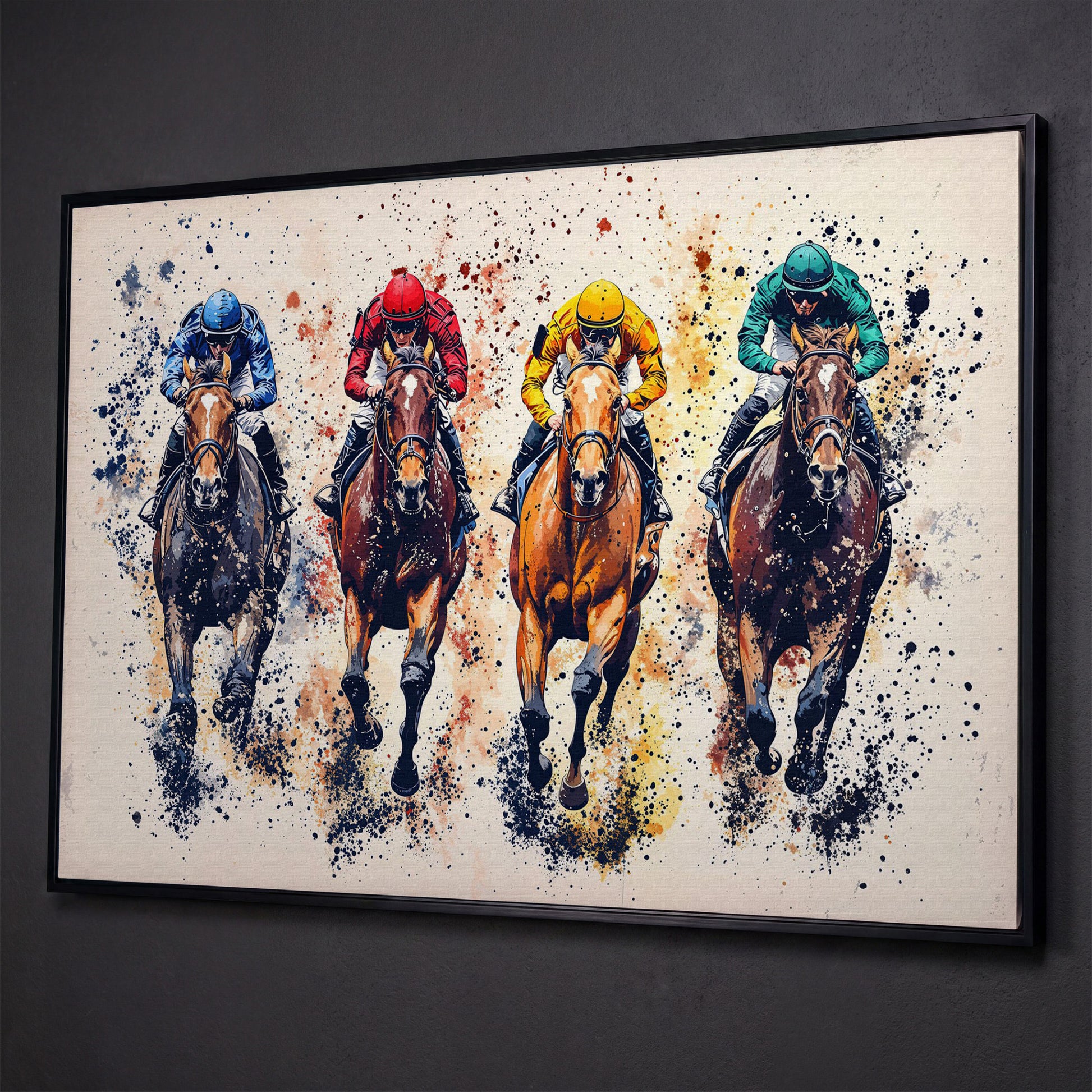Colorful Jockeys Canvas Print, Horse Racing Art shown in black floating frame