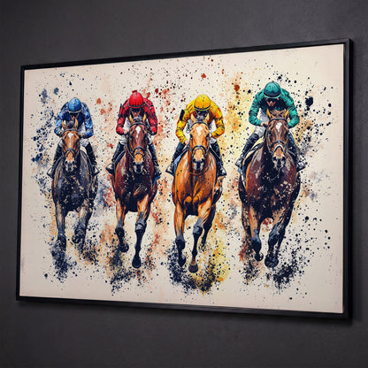 Colorful Jockeys Canvas Print, Horse Racing Art shown in black floating frame