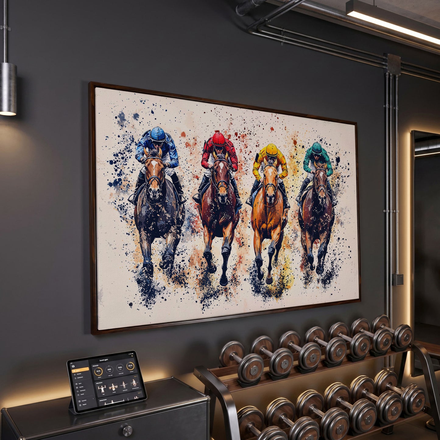 Colorful Jockeys Canvas Print, Horse Racing Art in dark walnut floating frame