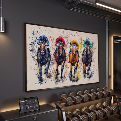 Colorful Jockeys Canvas Print, Horse Racing Art in dark walnut floating frame