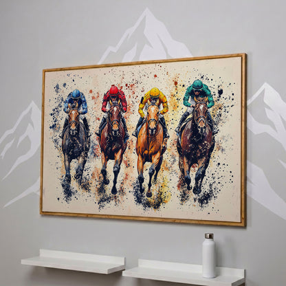 Colorful Jockeys Canvas Print, Horse Racing Art in white oak floating frame