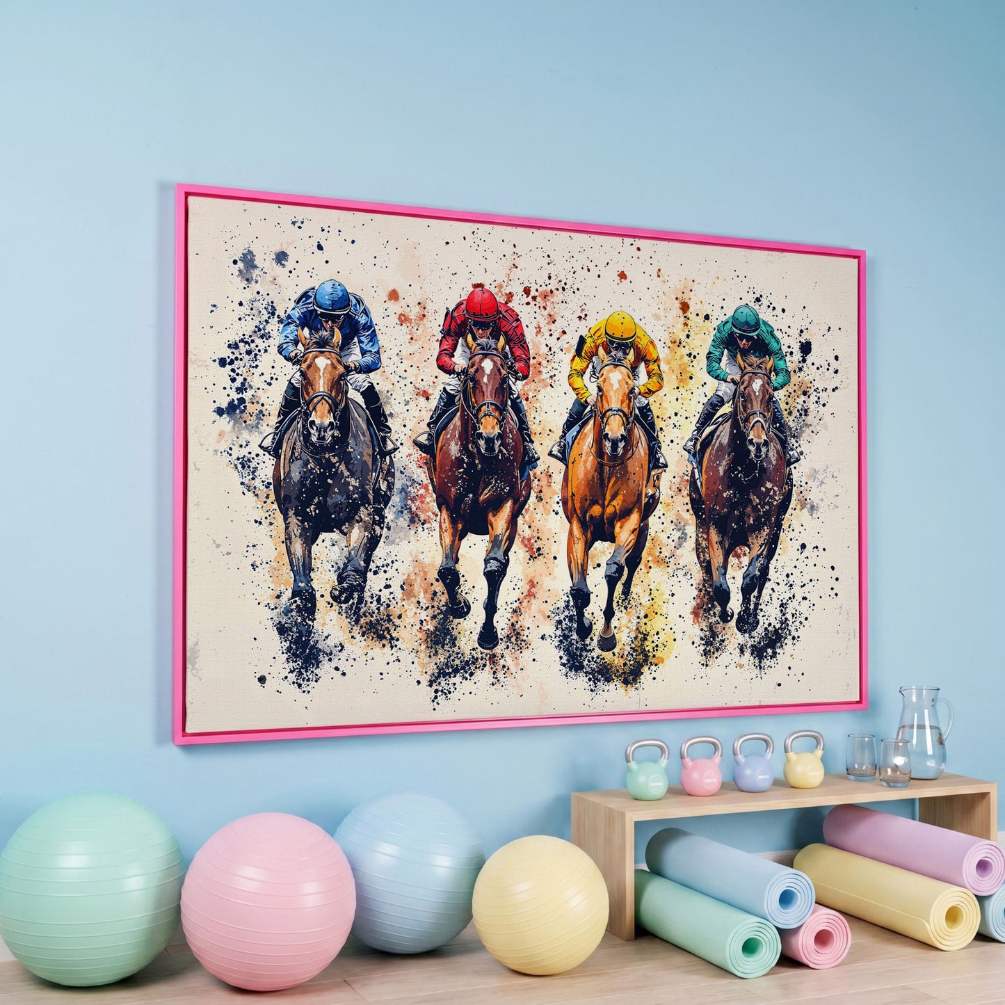 Colorful Jockeys Canvas Print, Horse Racing Art in pink floating frame