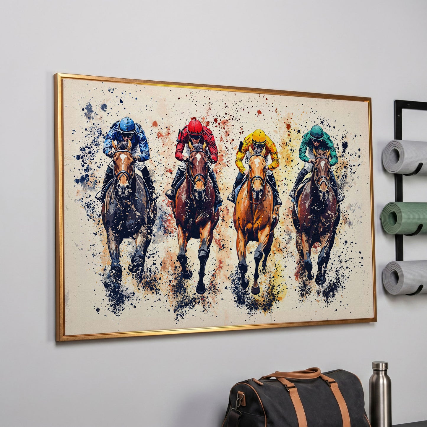 Colorful Jockeys Canvas Print, Horse Racing Art in rose gold floating frame