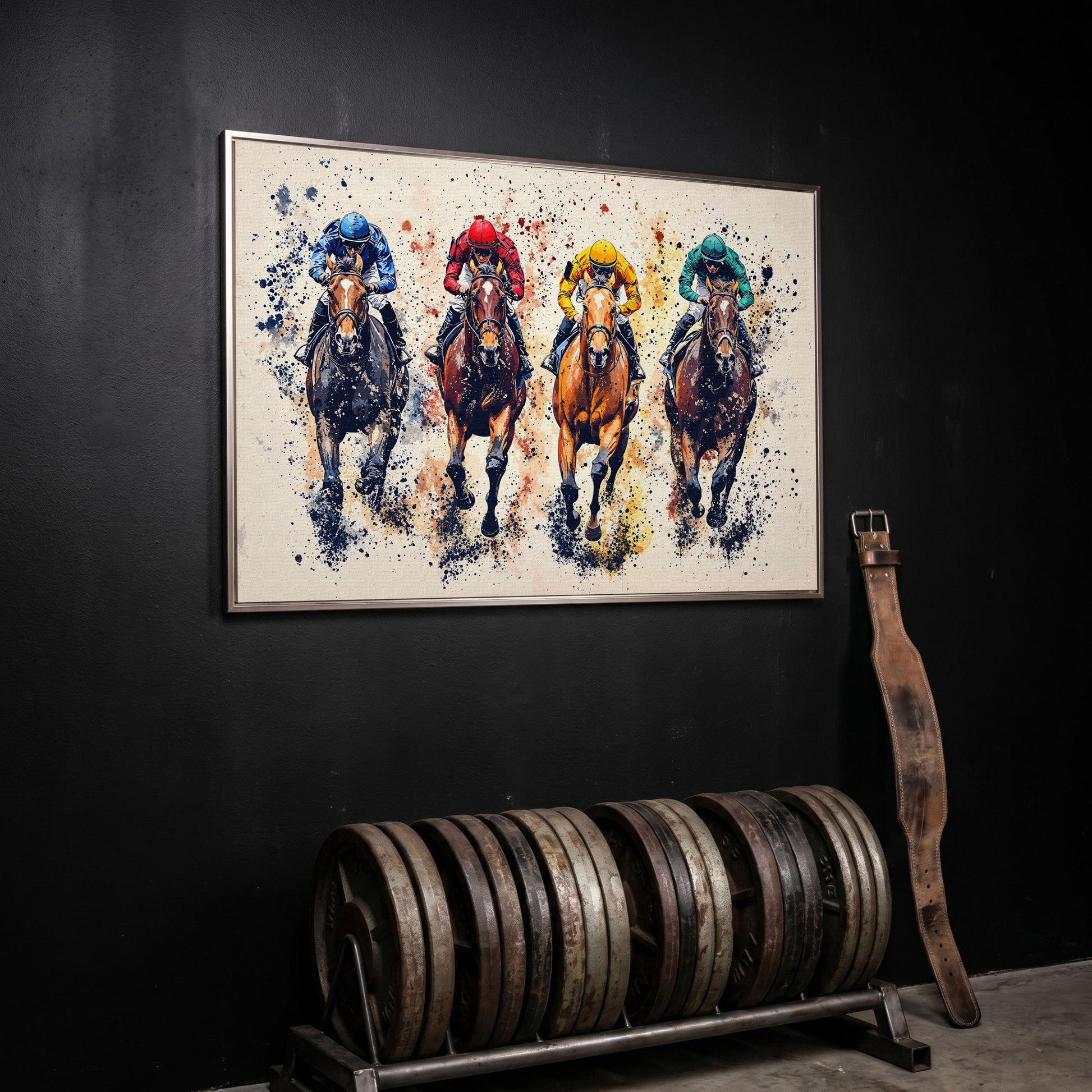 Colorful Jockeys Canvas Print, Horse Racing Art in silver floating frame