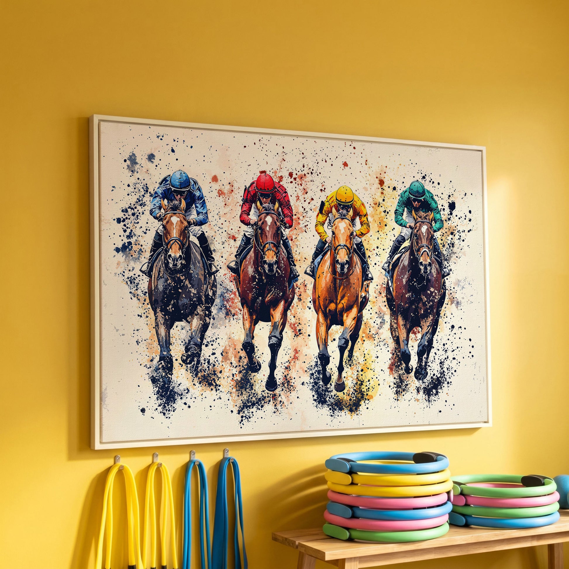 Colorful Jockeys Canvas Print, Horse Racing Art in white floating frame