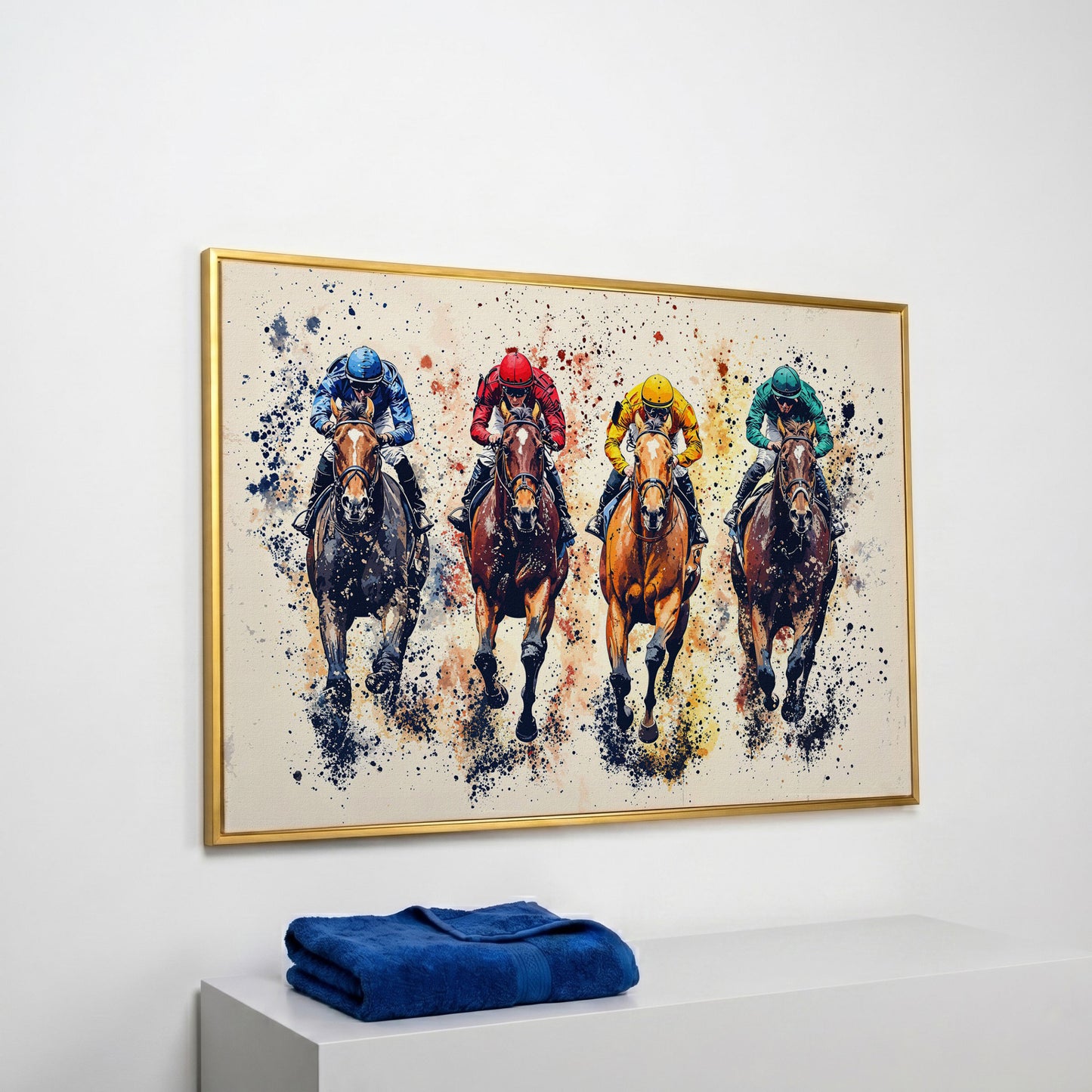 Colorful Jockeys Canvas Print, Horse Racing Art in yellow gold floating frame