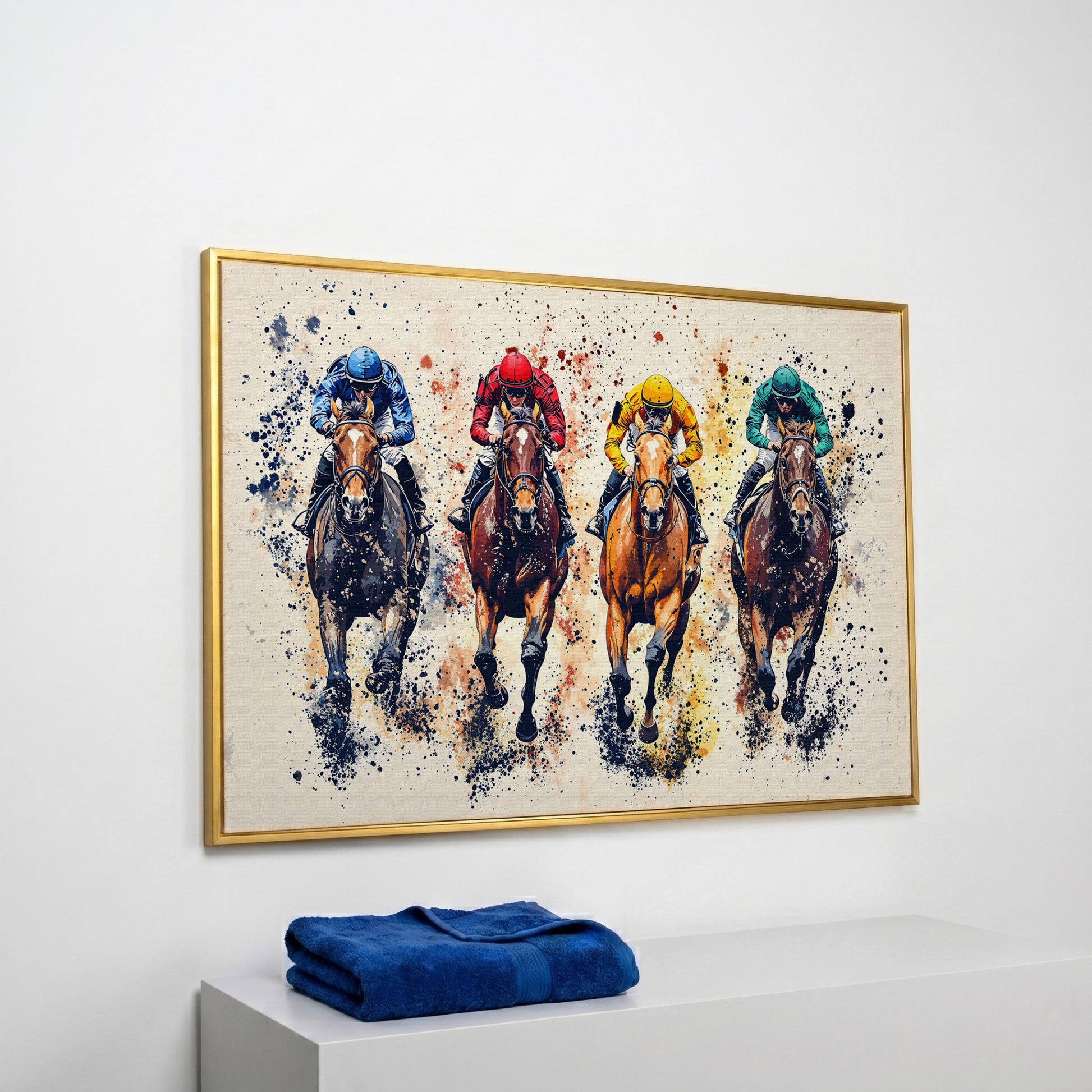 Colorful Jockeys Canvas Print, Horse Racing Art in yellow gold floating frame