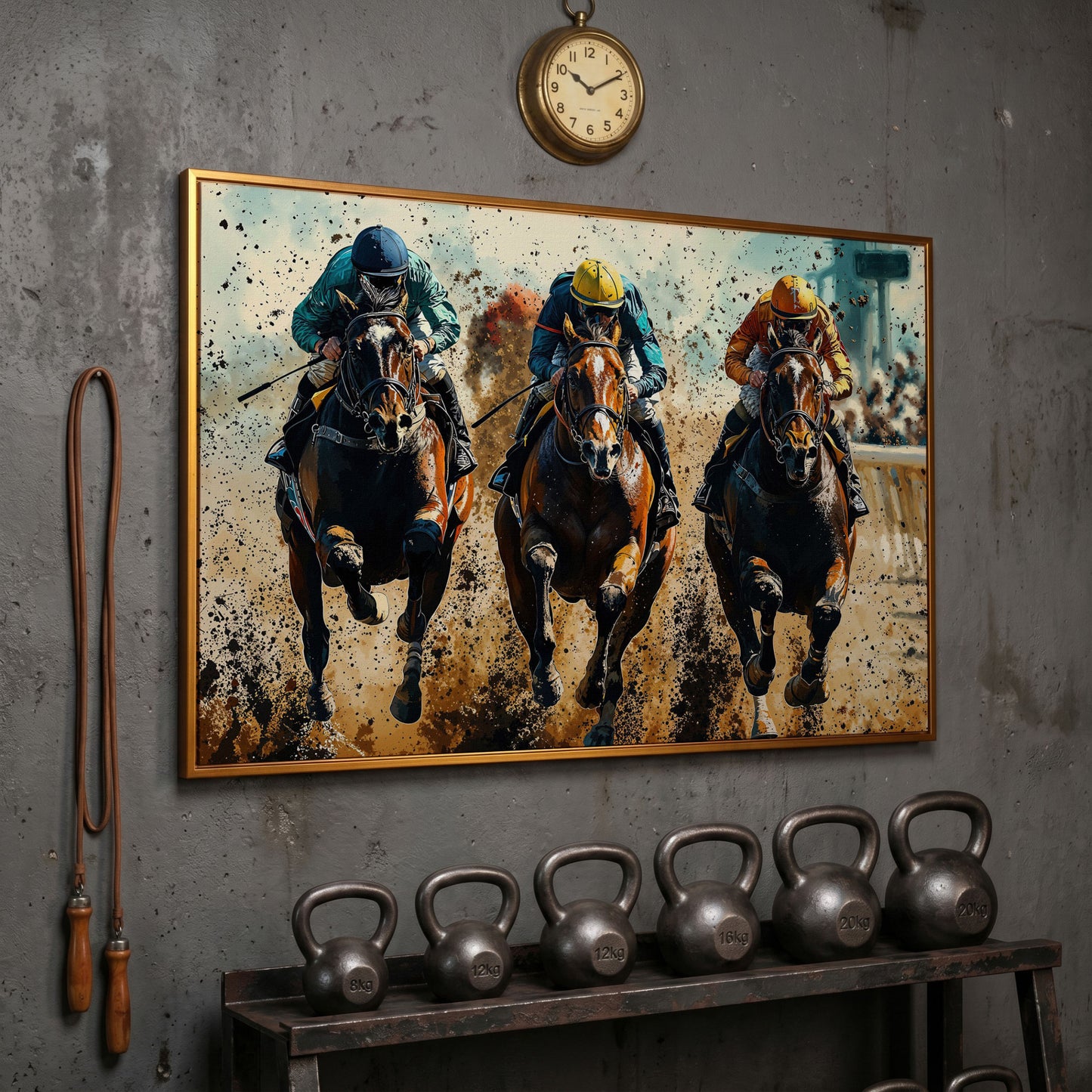 Horse Jockeys Racing Canvas Print in antique gold floating frame
