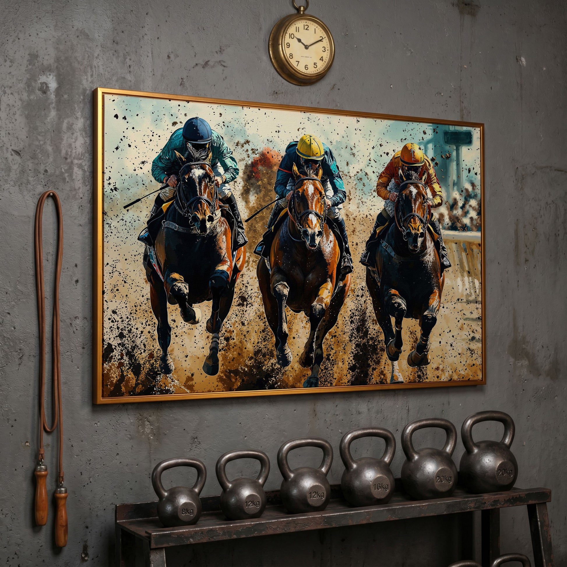 Horse Jockeys Racing Canvas Print in antique gold floating frame