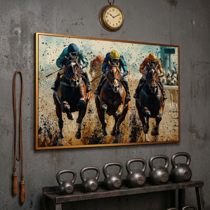 Horse Jockeys Racing Canvas Print in antique gold floating frame