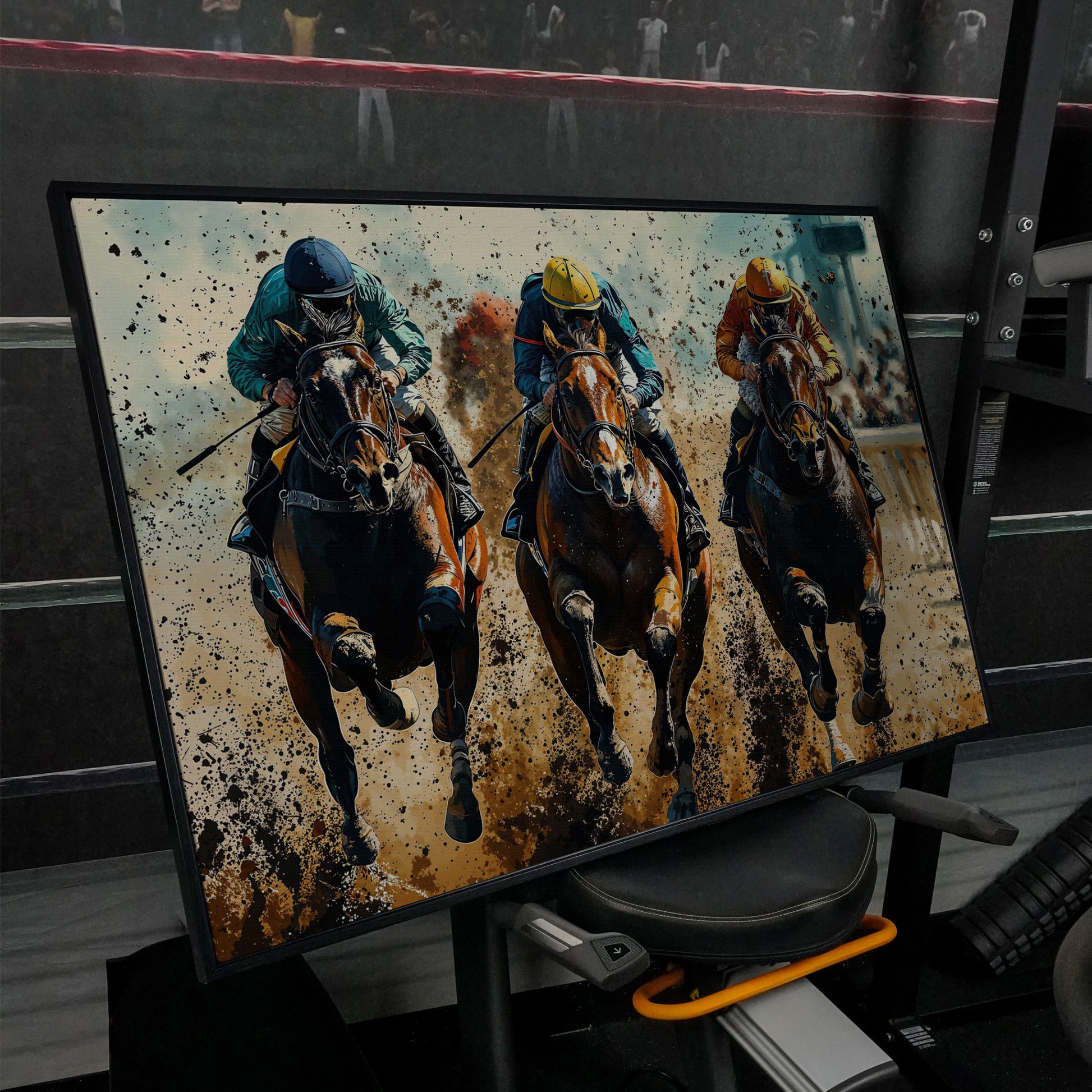 Horse Jockeys Racing Canvas Print in black floating frame