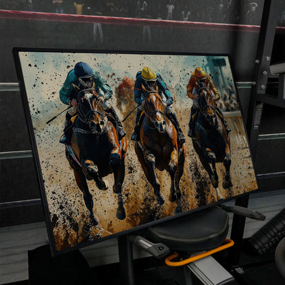 Horse Jockeys Racing Canvas Print in black floating frame