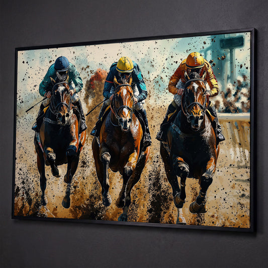 Horse Jockeys Racing Canvas Print shown in black floating frame