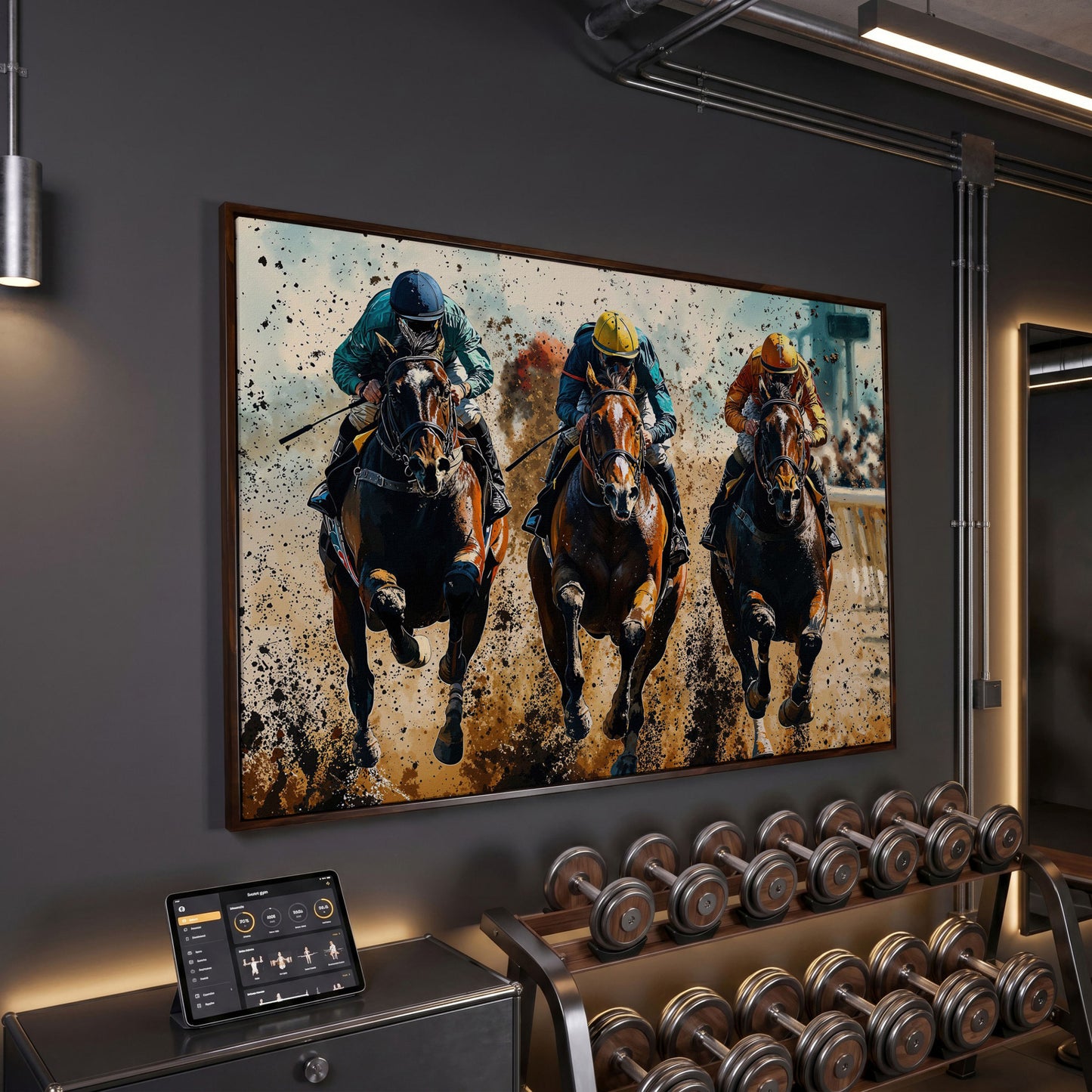 Horse Jockeys Racing Canvas Print in dark walnut floating frame
