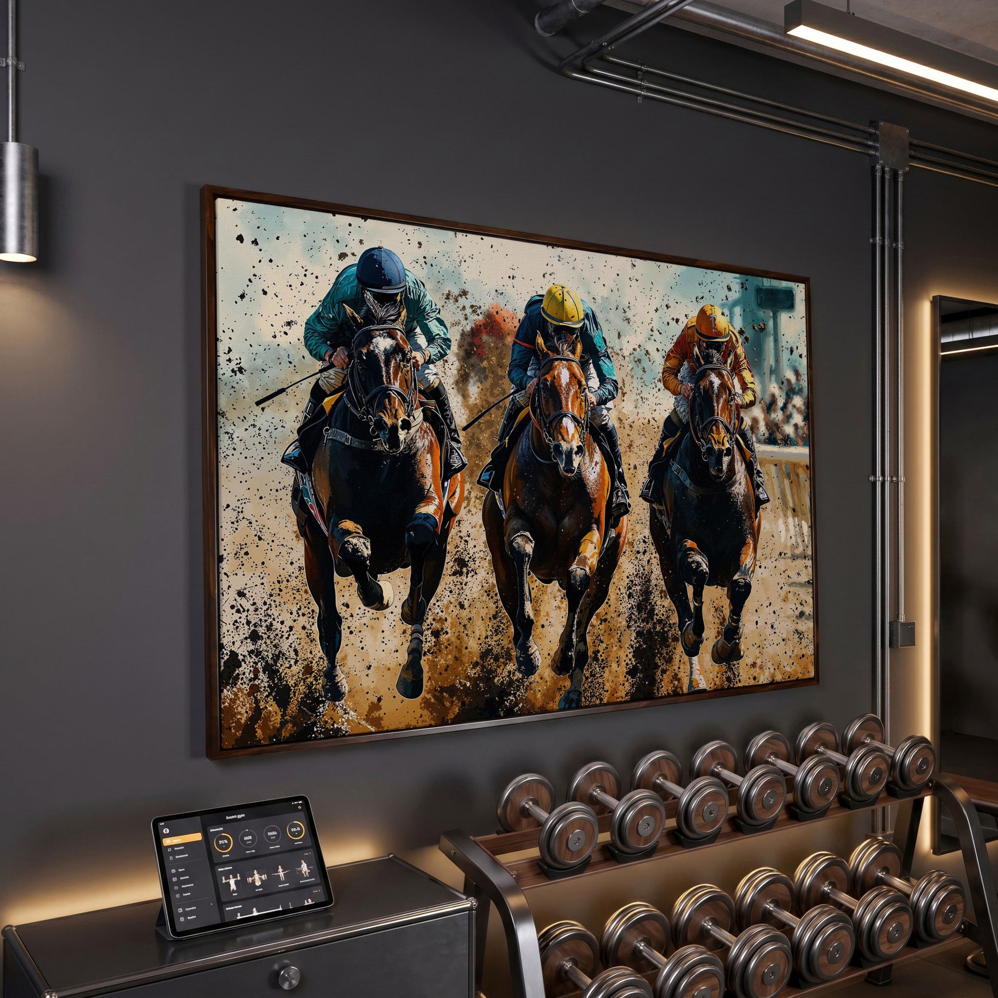 Horse Jockeys Racing Canvas Print in dark walnut floating frame