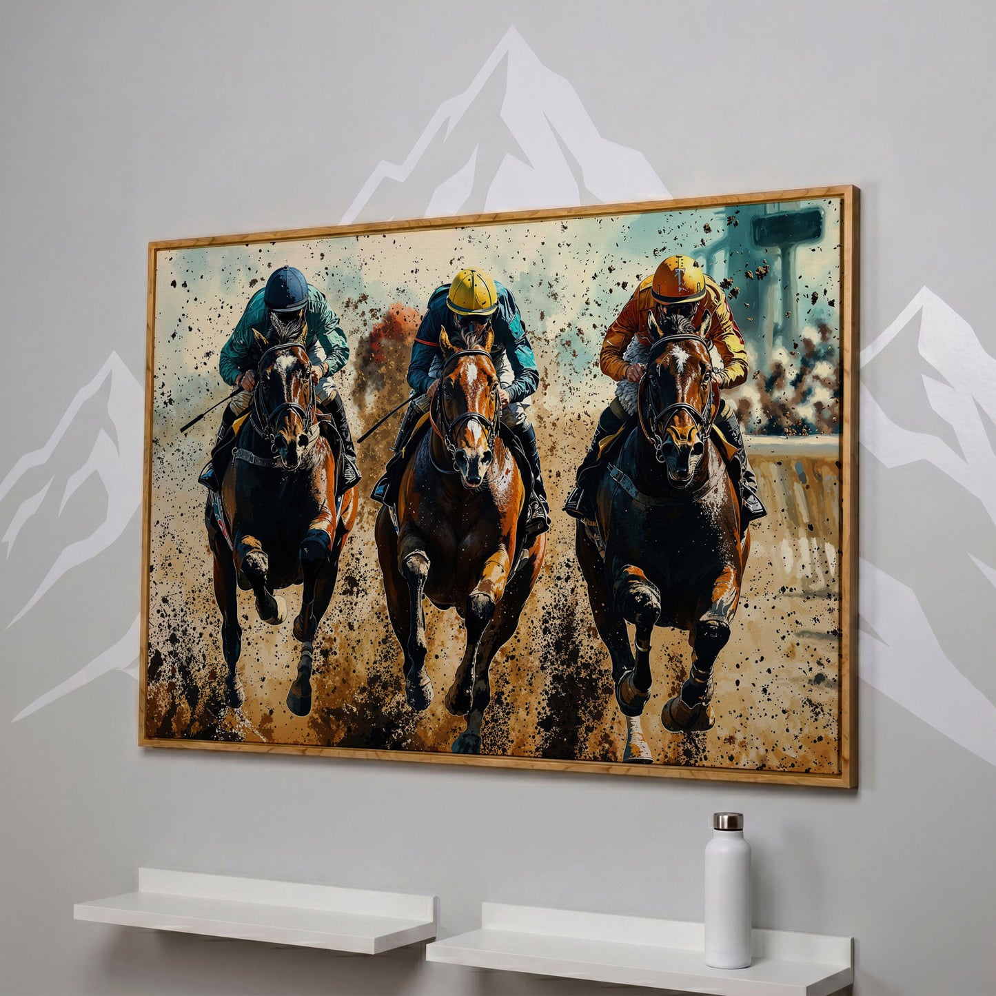 Horse Jockeys Racing Canvas Print in white oak floating frame