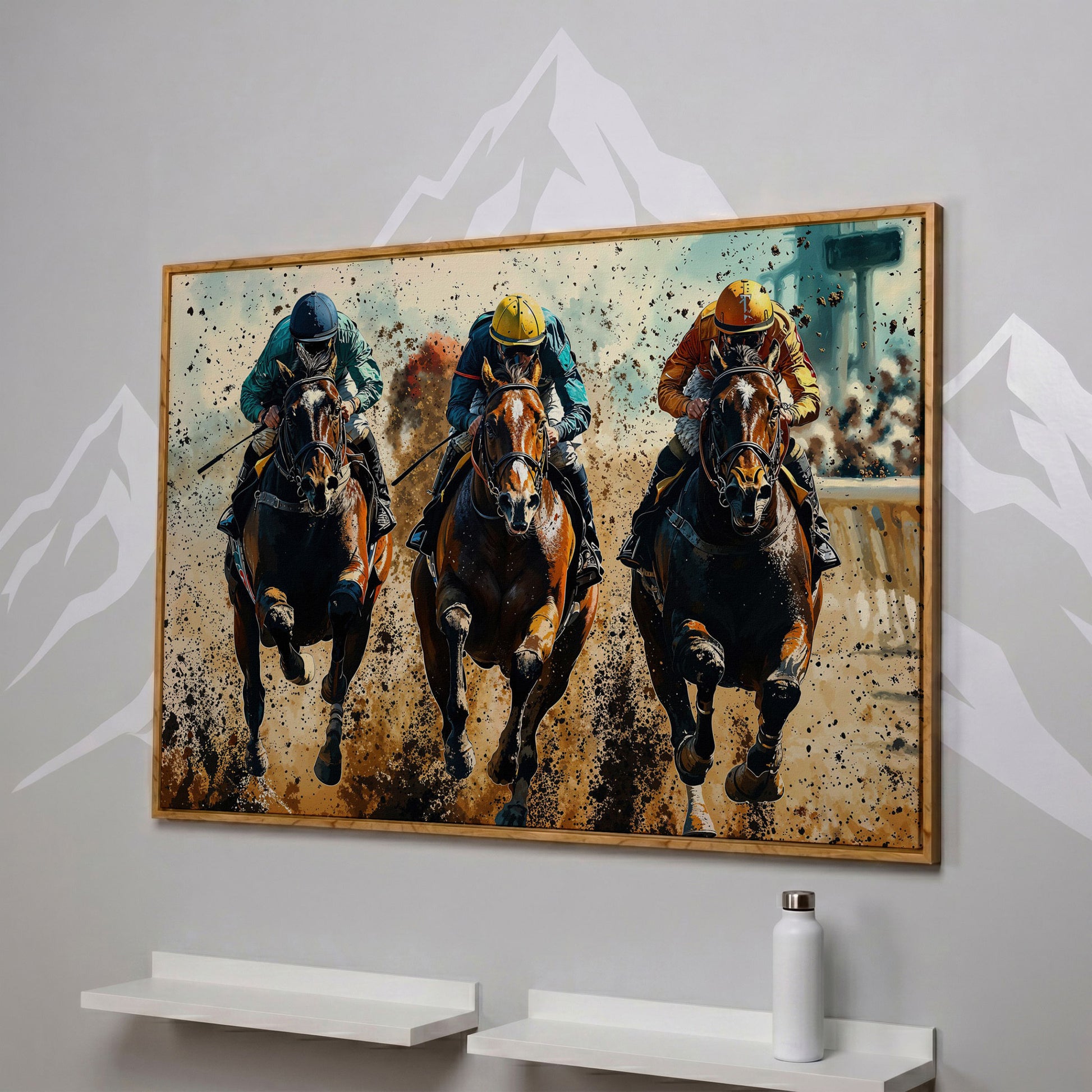 Horse Jockeys Racing Canvas Print in white oak floating frame