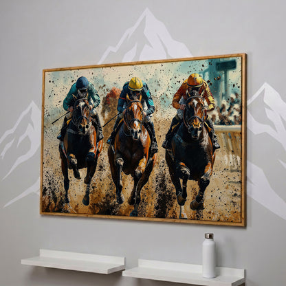 Horse Jockeys Racing Canvas Print in white oak floating frame