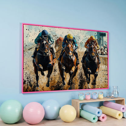 Horse Jockeys Racing Canvas Print in pink floating frame