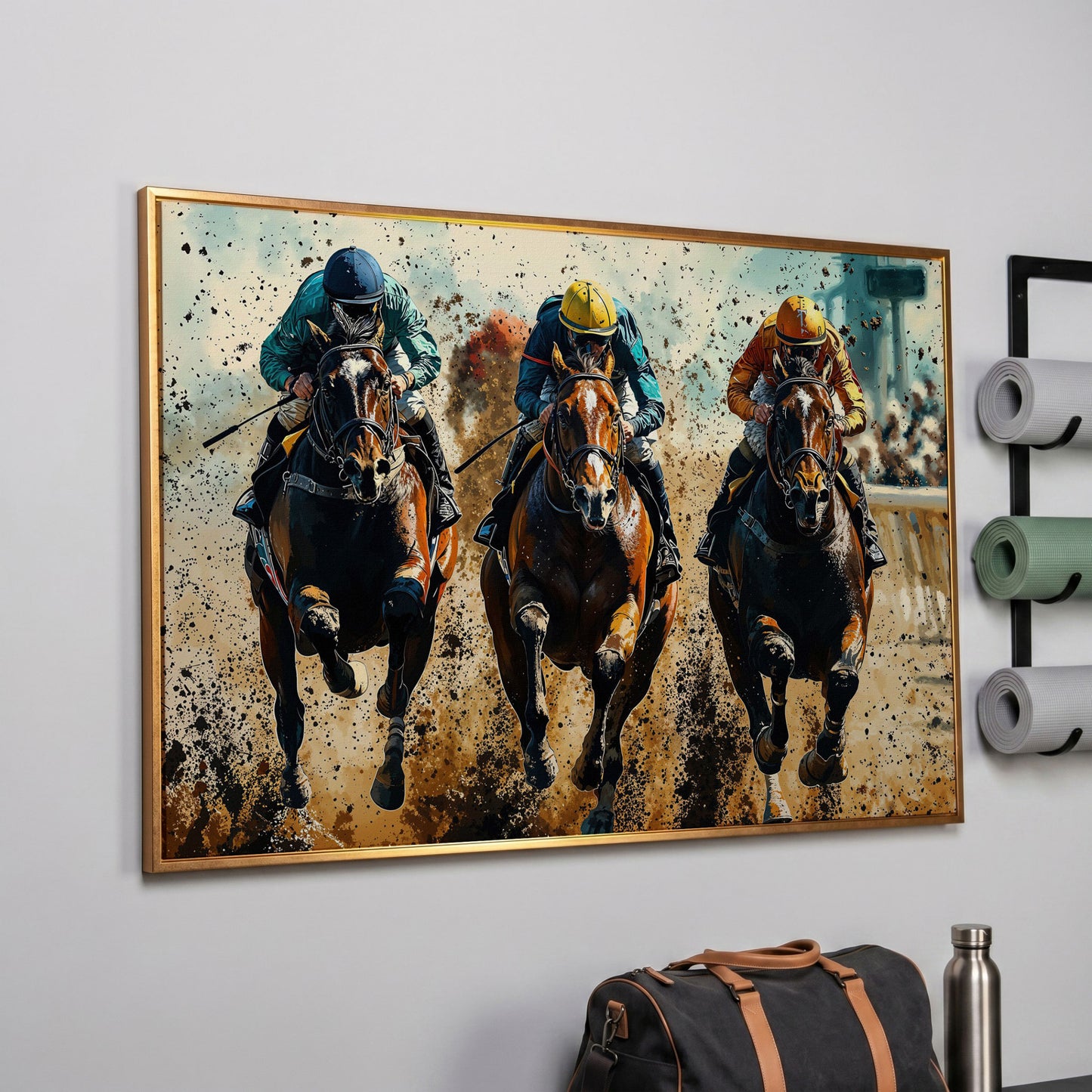 Horse Jockeys Racing Canvas Print in rose gold floating frame