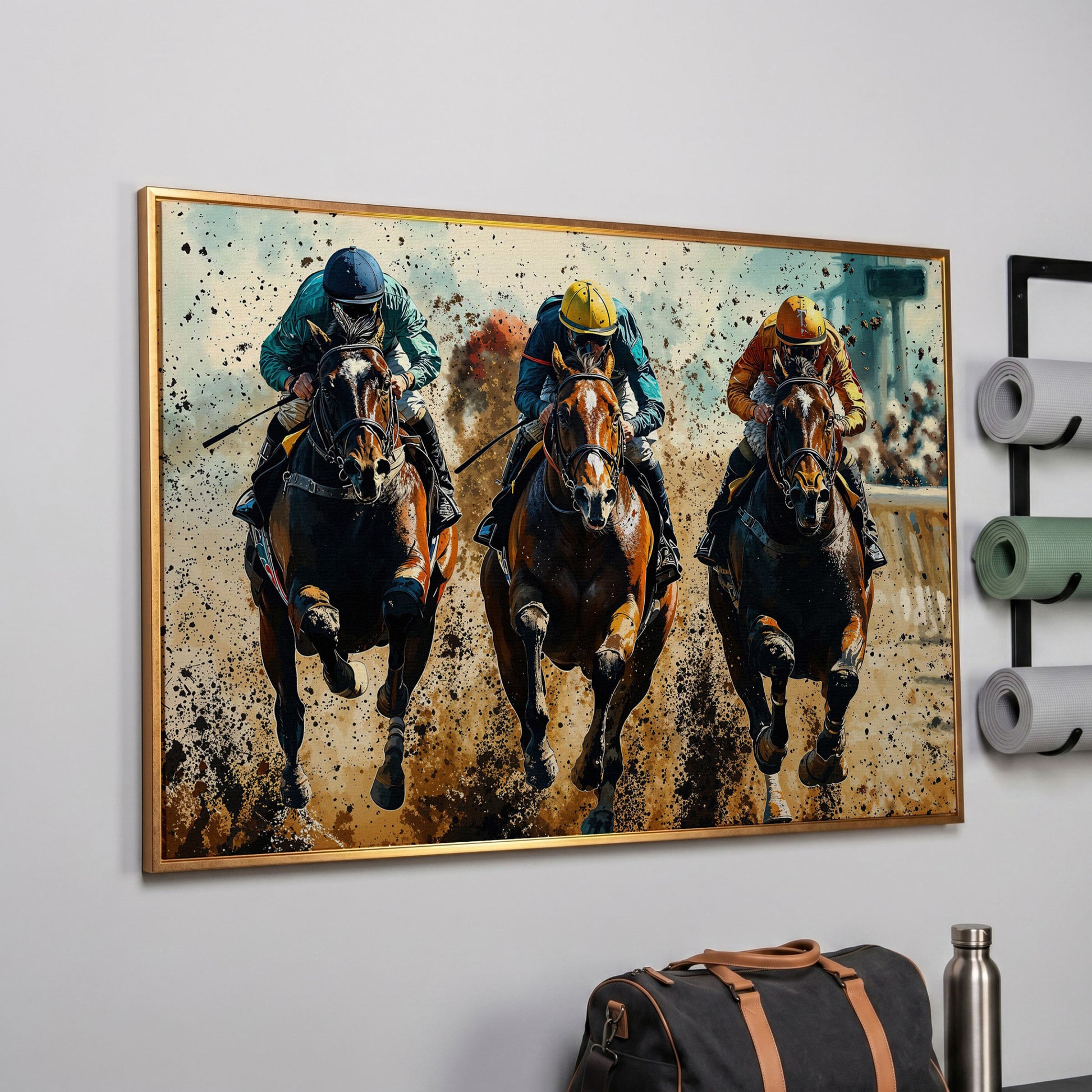Horse Jockeys Racing Canvas Print in rose gold floating frame