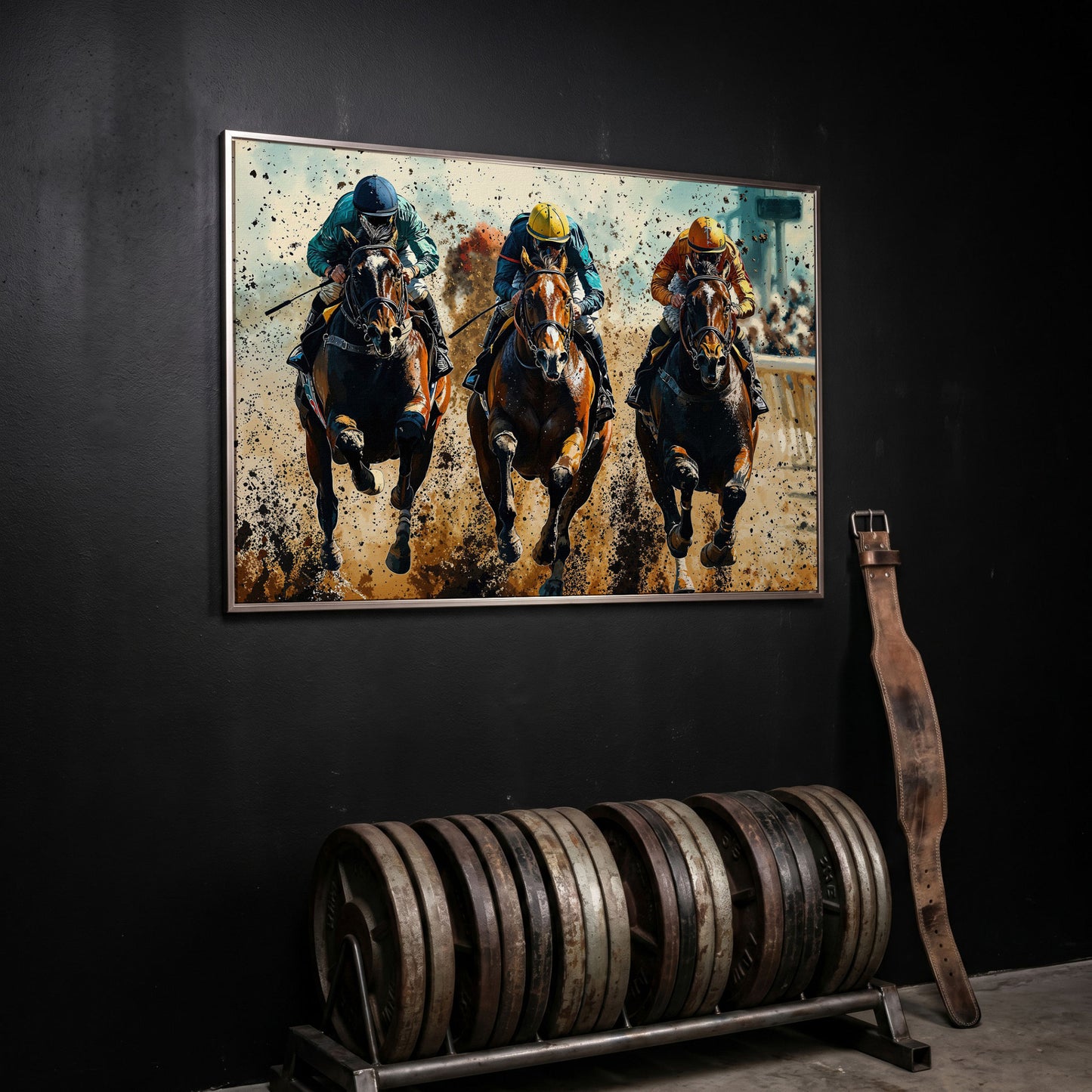 Horse Jockeys Racing Canvas Print in silver floating frame