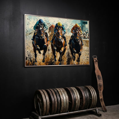 Horse Jockeys Racing Canvas Print in silver floating frame