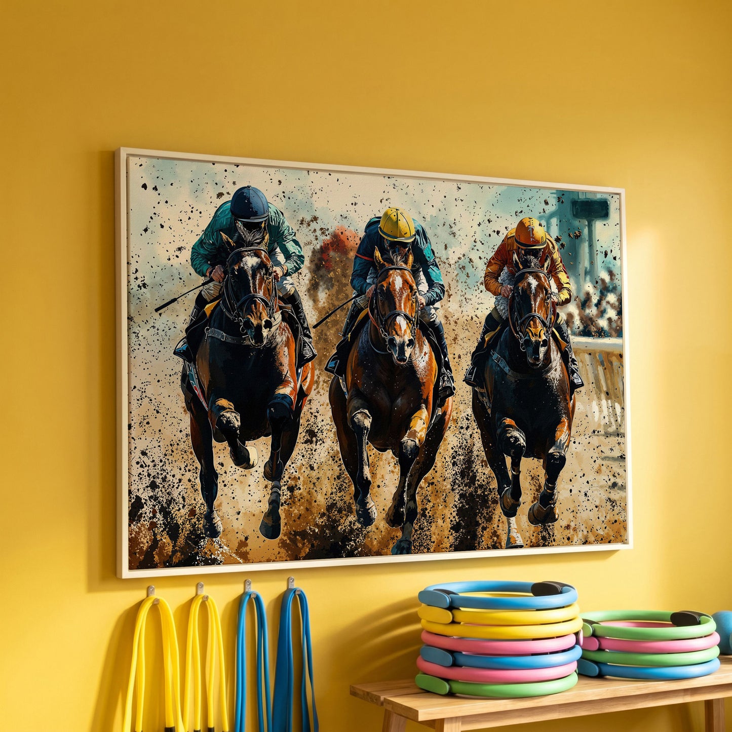 Horse Jockeys Racing Canvas Print in white floating frame