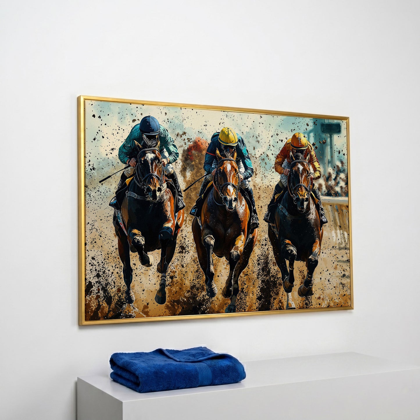 Horse Jockeys Racing Canvas Print in yellow gold floating frame