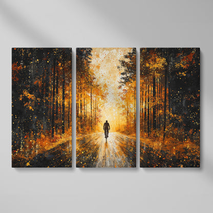 Autumn Forest Bicyclist Canvas as 3-panel split version