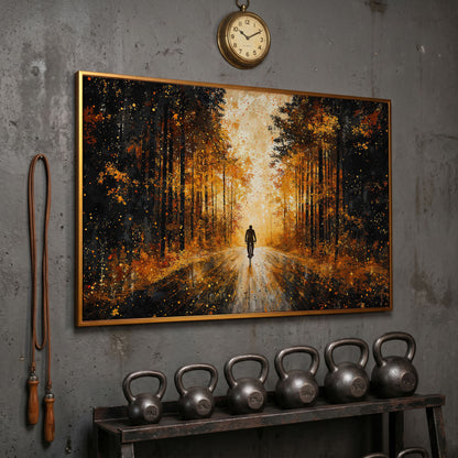 Autumn Forest Bicyclist Canvas in antique gold floating frame