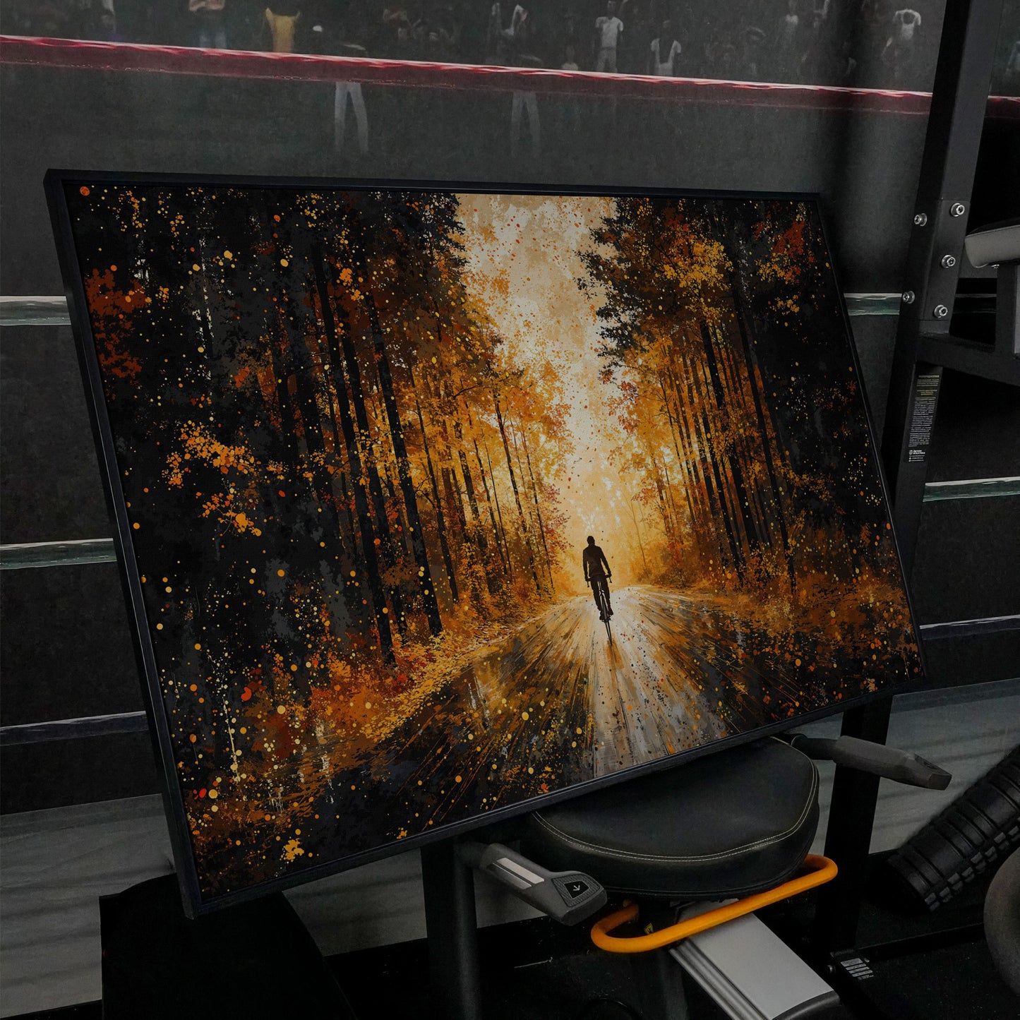 Autumn Forest Bicyclist Canvas in black floating frame