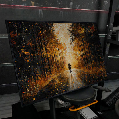 Autumn Forest Bicyclist Canvas in black floating frame