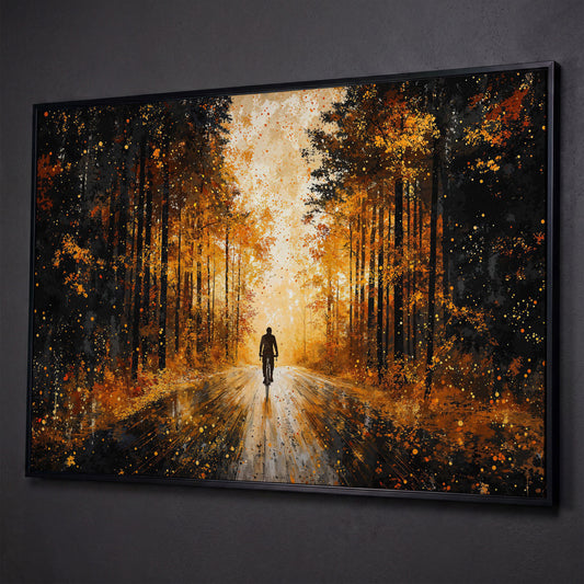 Autumn Forest Bicyclist Canvas shown in black floating frame