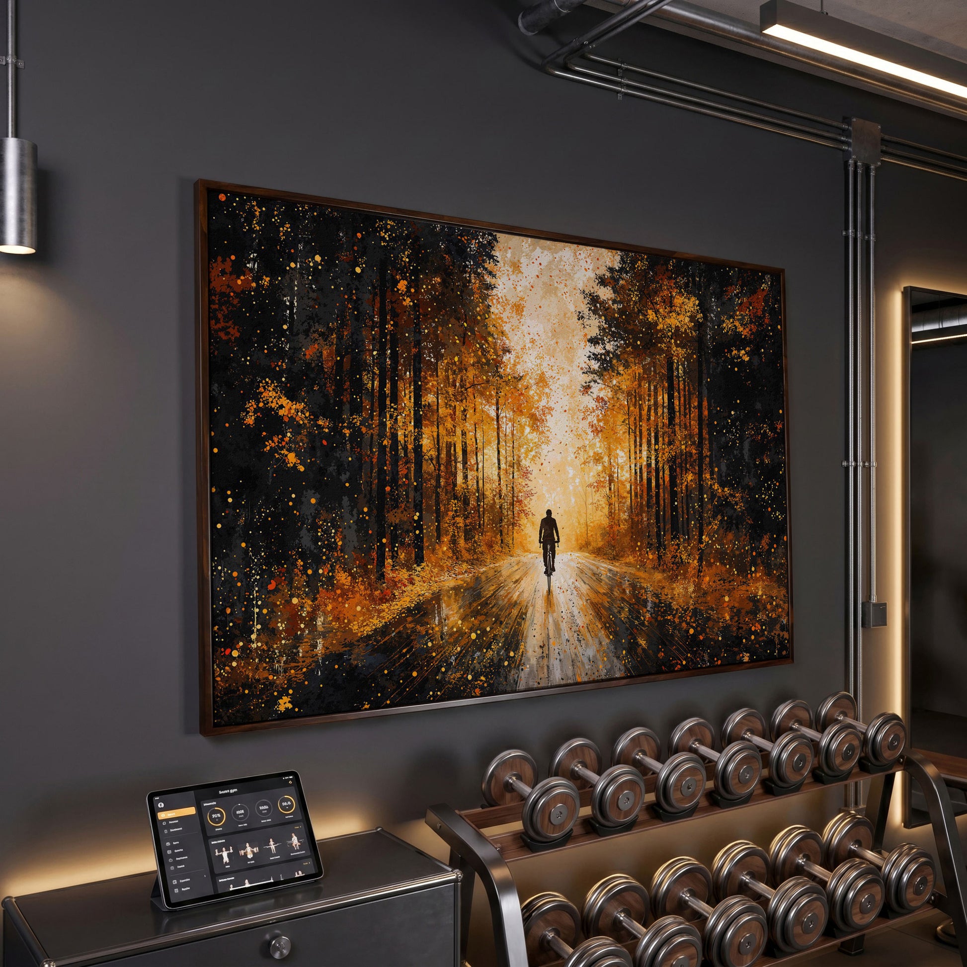 Autumn Forest Bicyclist Canvas in dark walnut floating frame