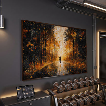 Autumn Forest Bicyclist Canvas in dark walnut floating frame