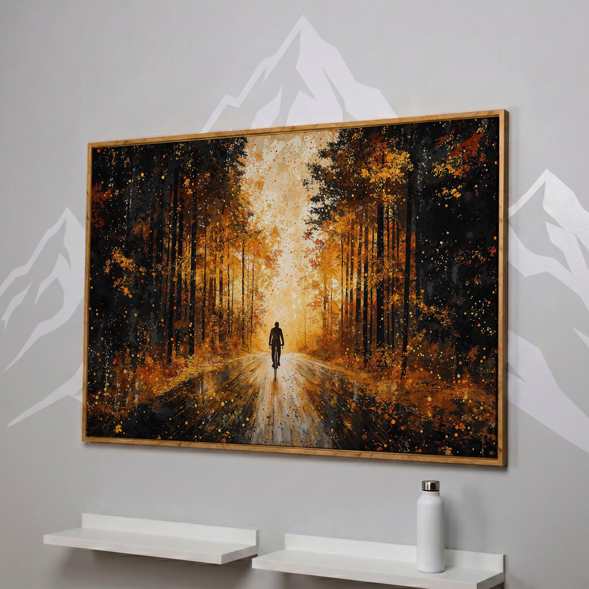 Autumn Forest Bicyclist Canvas in white oak floating frame
