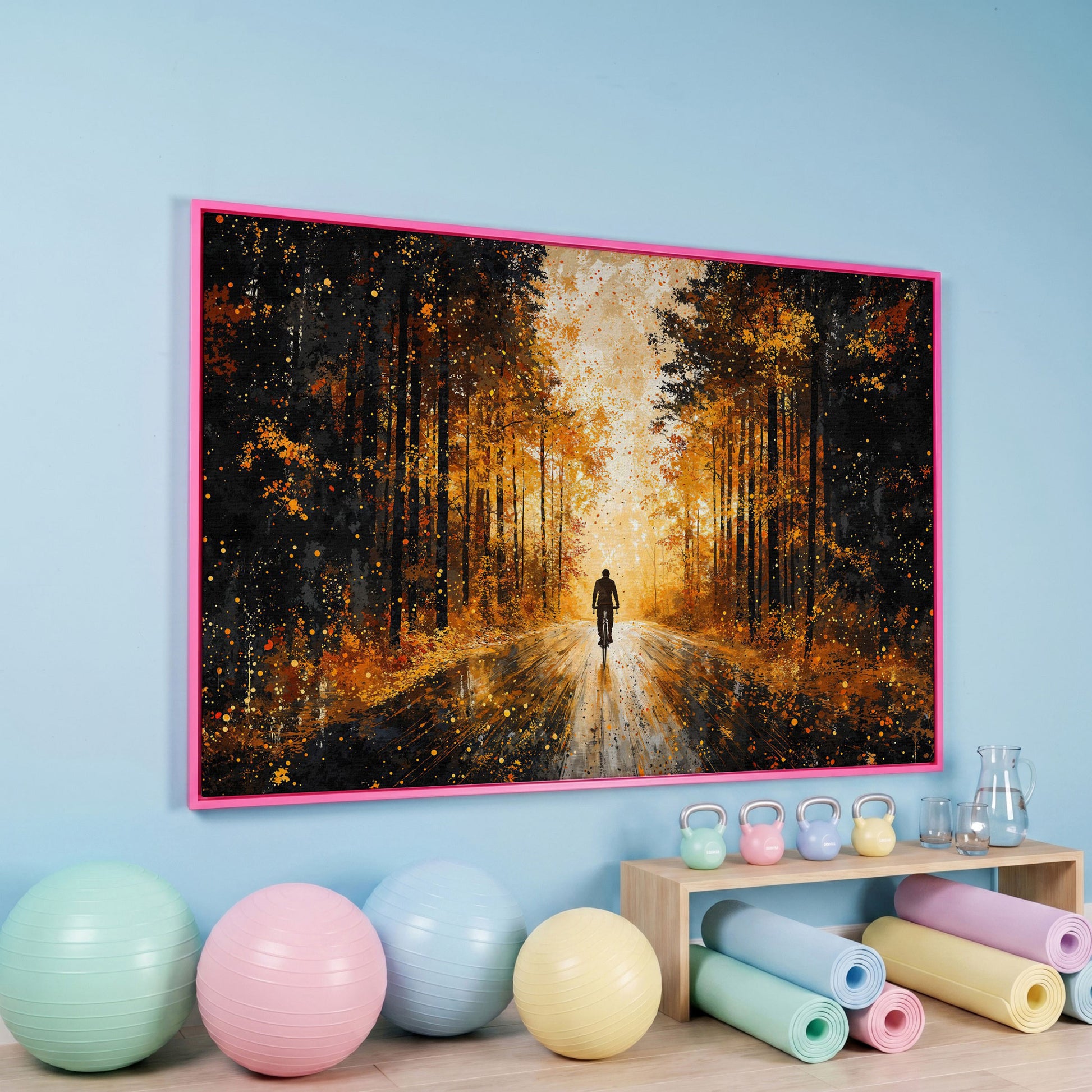 Autumn Forest Bicyclist Canvas in pink floating frame
