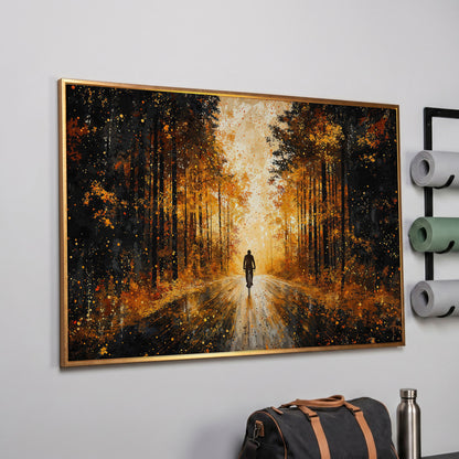 Autumn Forest Bicyclist Canvas in rose gold floating frame