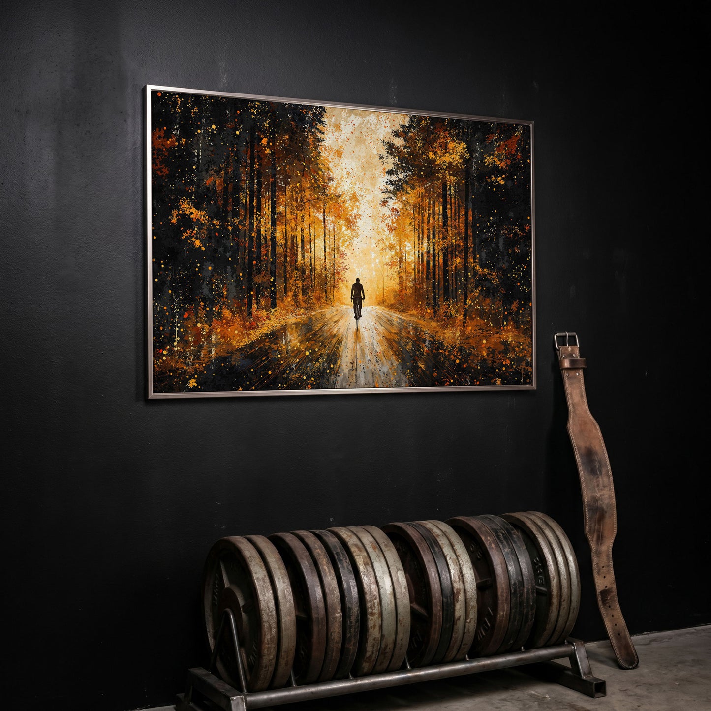 Autumn Forest Bicyclist Canvas in silver floating frame
