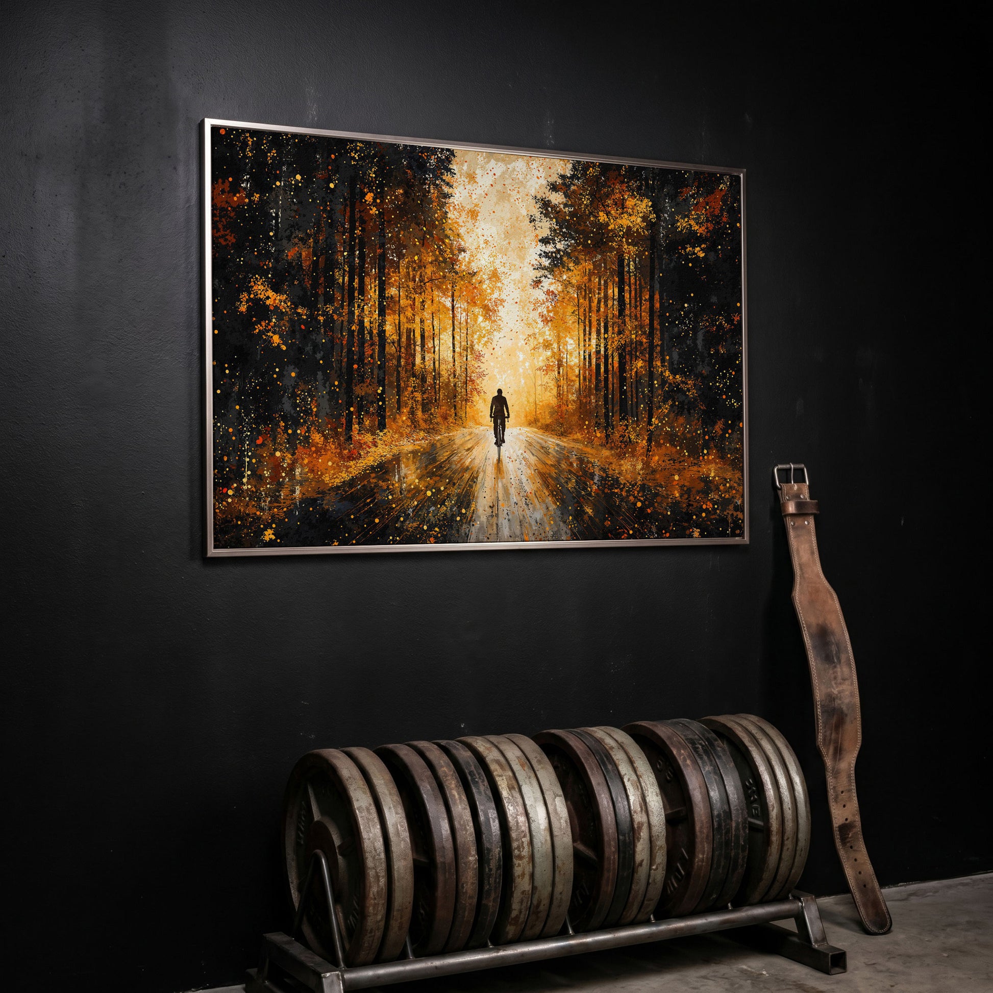 Autumn Forest Bicyclist Canvas in silver floating frame