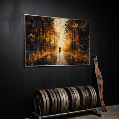 Autumn Forest Bicyclist Canvas in silver floating frame