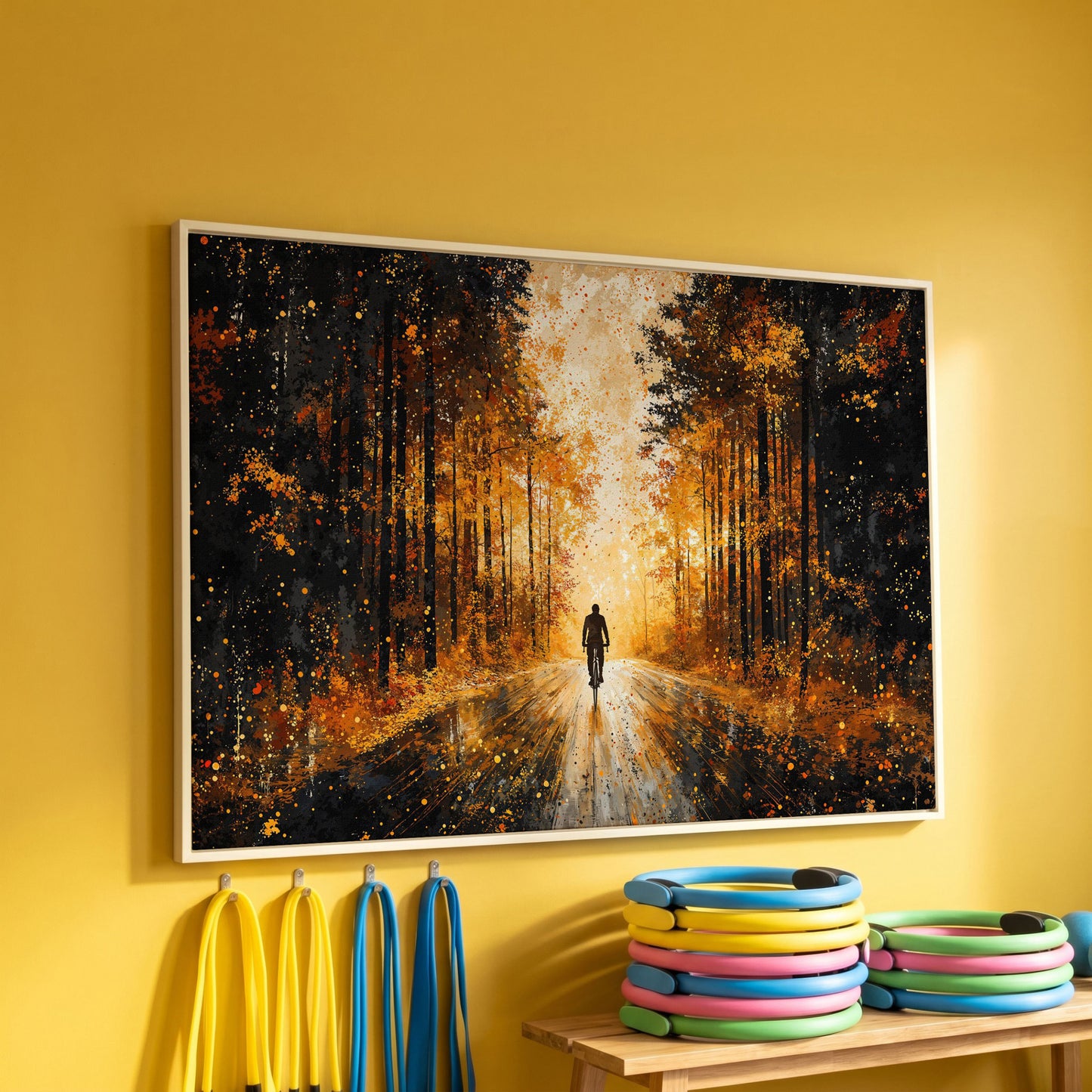 Autumn Forest Bicyclist Canvas in white floating frame