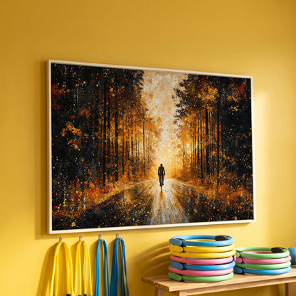 Autumn Forest Bicyclist Canvas in white floating frame