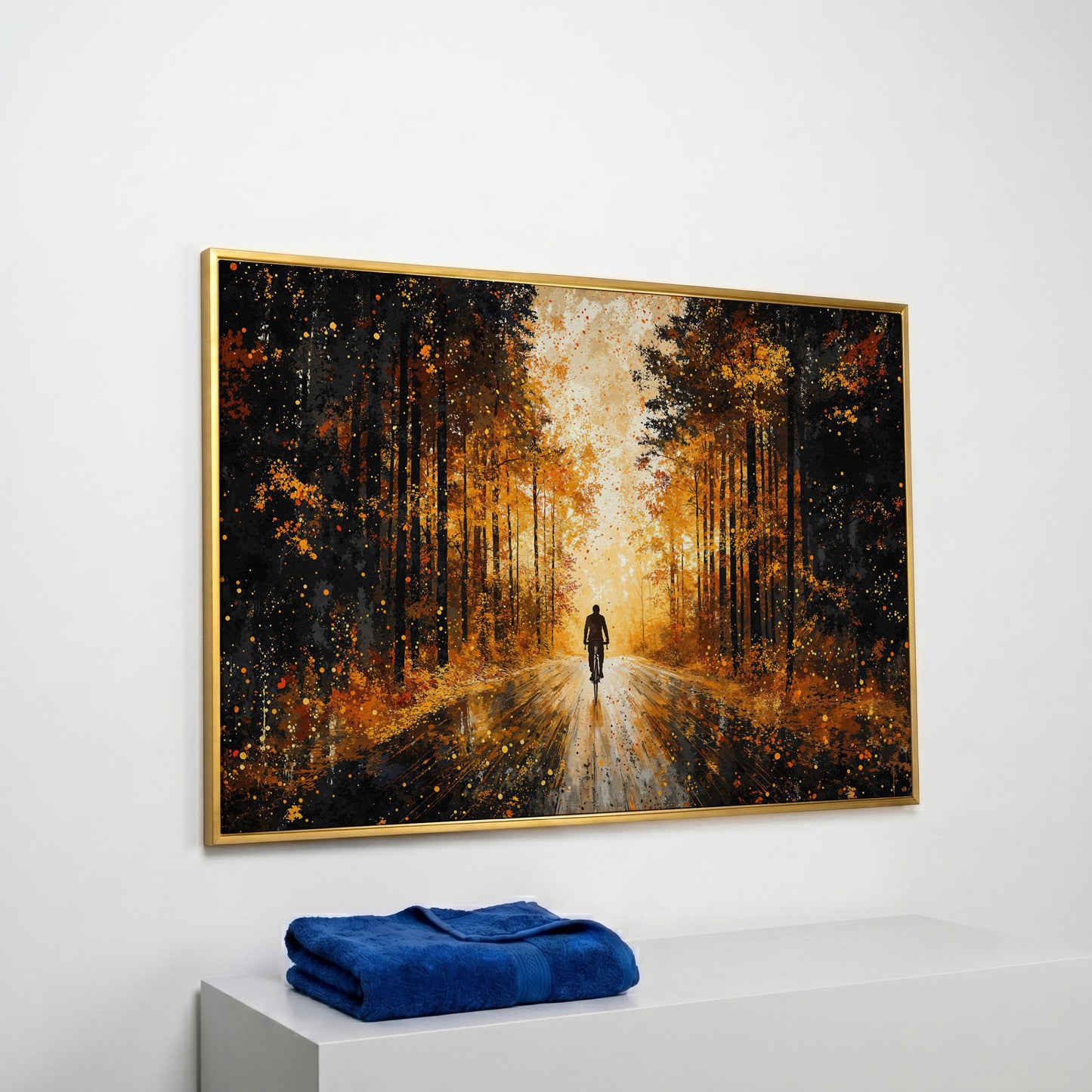 Autumn Forest Bicyclist Canvas in yellow gold floating frame