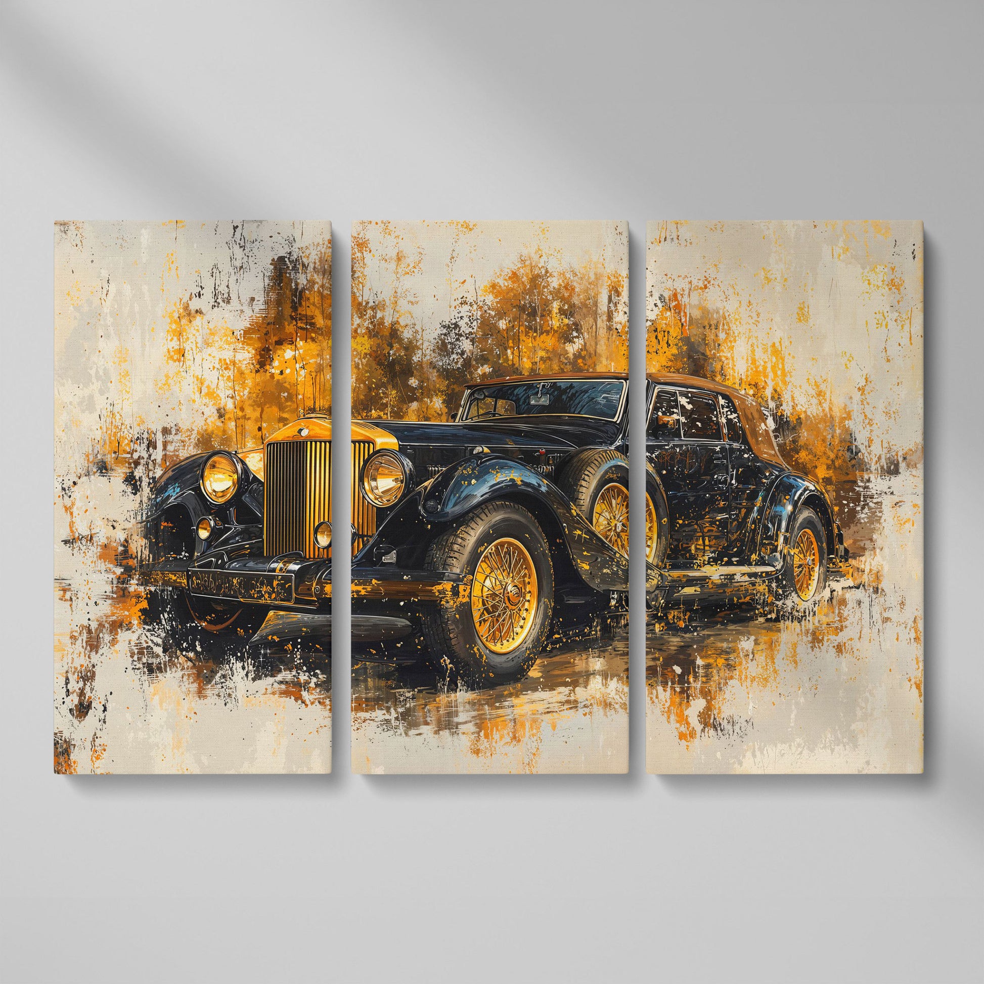 Vintage Car Canvas Print with Gold & Black Retro Design as 3-panel split version