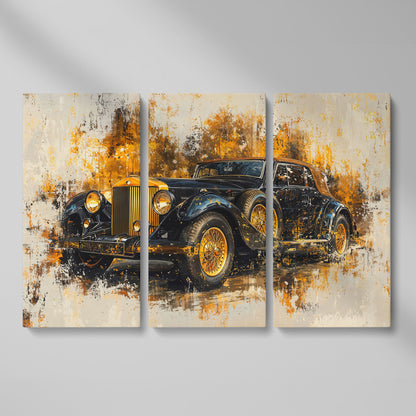 Vintage Car Canvas Print with Gold & Black Retro Design as 3-panel split version