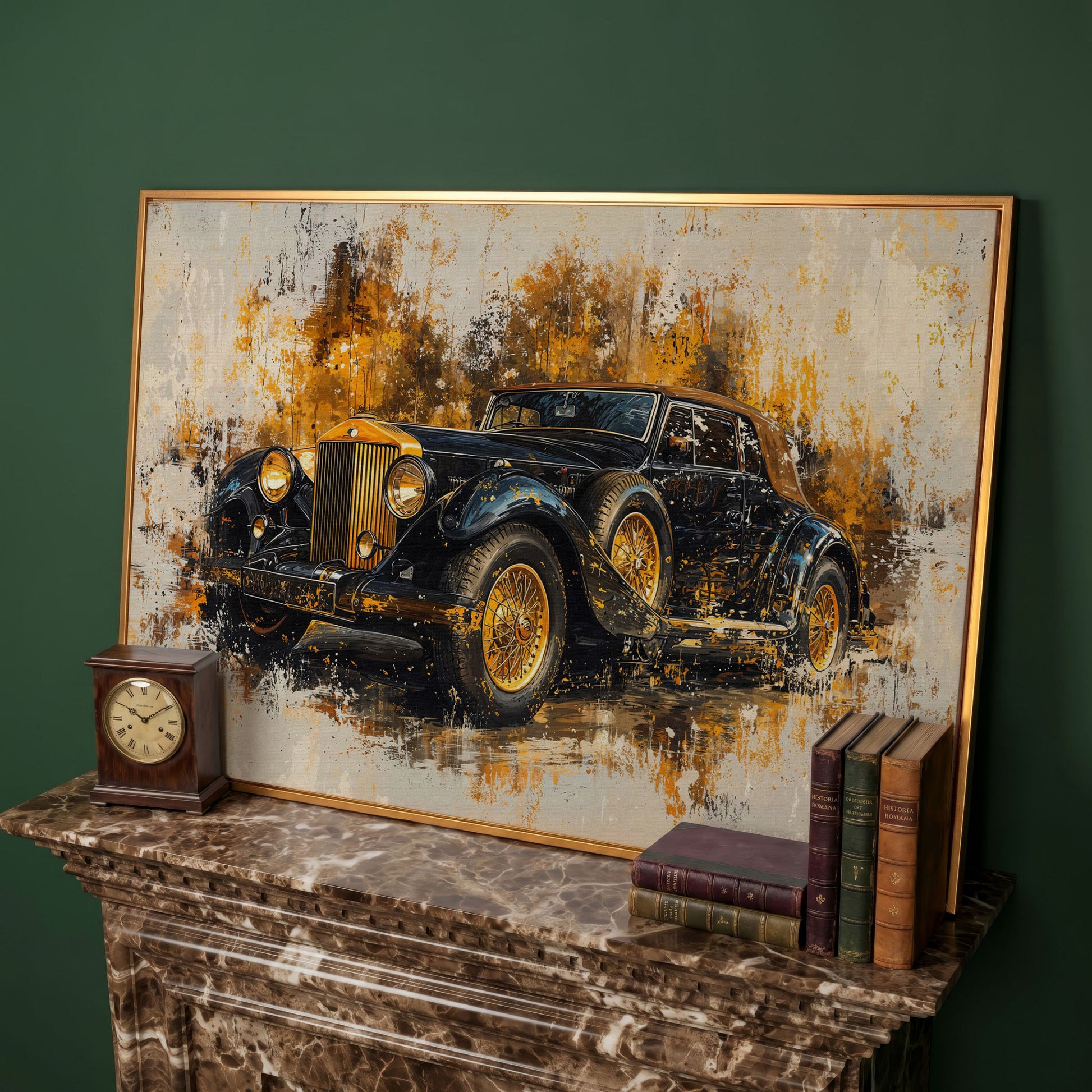 Vintage Car Canvas Print with Gold & Black Retro Design in antique gold floating frame